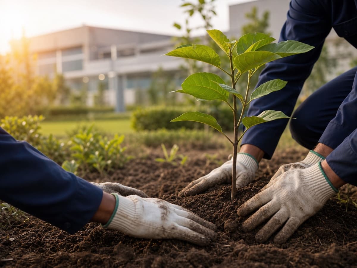 Hands planting a sapling as a representation of environmental responsibility